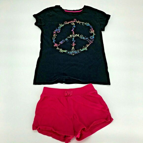 Children’s Place Circo Girls Shirt Shorts Outfit Peace Sign Drawstring Sz L - Picture 1 of 9